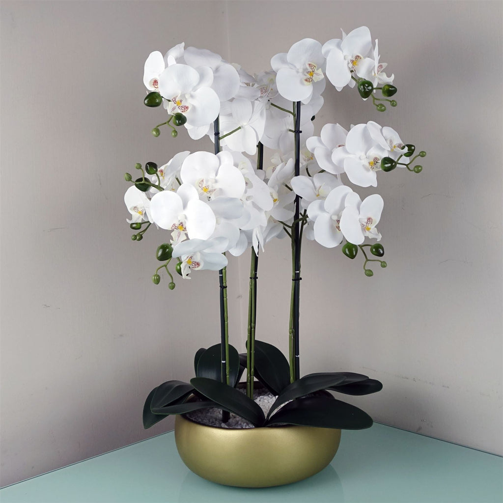 Artificial White/Gold Ceramic Orchid — 60cm